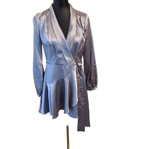Womens Silver Satin Wrap tunic Ruffle Hem Long Sleeve Tie Waist Size S